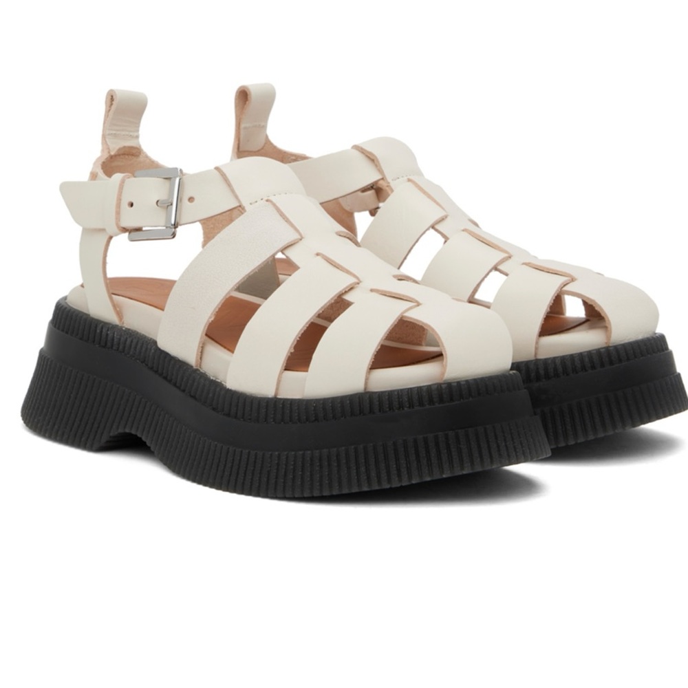Ganni Cream Strappy Platform Sandals with Black Sole